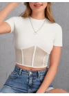 Kadın Transparan Detay Kısa Kol Kaşkorse Bluz