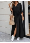 Kadın Truvakar Kollu V Yakalı Yırtmaçlı Uzun Aerobin Elbise