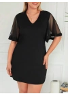 Kadın Tüllü Kısa Kollu V Yaka Krep Elbise
