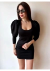 Kadın U Yaka Balon Omuz Ve Fakir Kol Detay Mini Elbise