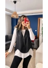 Kadın Uzun Kol Asimetrik Kesim Viskon Bluz Ve çatlak Deri Görünümlü Fermuar Detaylı Yelek Ikili Takım