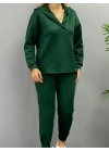 Kadın Uzun Kol V Yaka Kapüşon Detay Sweat Ve Yüksel Bel Eşofman Ikili Takım