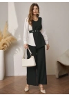 Kadın Uzun Kollu Açık Yakalı çift Renkli Kemerli Ithal Krep Ikili Takım