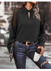 Kadın Uzun Kollu Anahtar Deliği Yaka Reglan Kol Dantel Detaylı Ithal Krep Bluz