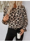 Kadın Uzun Kollu Arkadan Fiyonk Detaylı Leopar Desenli Süprem Bluz