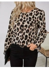 Kadın Uzun Kollu Arkadan Fiyonk Detaylı Leopar Desenli Süprem Bluz