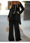 Kadın Uzun Kollu Asimetrik Detaylı Salaş Sandy Bluz Ve Pantolon Ikili Takım
