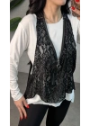 Kadın Uzun Kollu Asimetrik Kesim Bluz Ve Dantel Güpür Transparan Detay Fermuarlı Yelek Ikili Takım