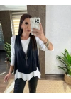 Kadın Uzun Kollu Asimetrik Kesim Viskon Bluz Ve çatlak Deri Görünümlü Yelek Ikili Takım