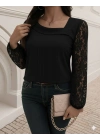 Kadın Uzun Kollu Asimetrik Yakalı Dantelli Ithal Krep Bluz