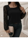 Kadın Uzun Kollu Asimetrik Yakalı Dantelli Ithal Krep Bluz