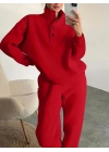 Kadın Uzun Kollu Balıkçı Dik Yakalı Düğmeli üç Iplik Bluz Ve Pantolon Ikili Takım