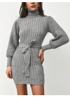 Kadın Uzun Kollu Balıkçı Yaka Beli Kuşaklı Mini Triko Elbise