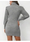 Kadın Uzun Kollu Balıkçı Yaka Beli Kuşaklı Mini Triko Elbise