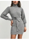 Kadın Uzun Kollu Balıkçı Yaka Beli Kuşaklı Mini Triko Elbise