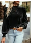 Kadın Uzun Kollu Balıkçı Yaka Damla Detaylı Kadife Bluz