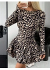 Kadın Uzun Kollu Balıkçı Yaka Fırfırlı Leopar Desenli Modal Elbise