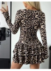 Kadın Uzun Kollu Balıkçı Yaka Fırfırlı Leopar Desenli Modal Elbise