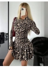 Kadın Uzun Kollu Balıkçı Yaka Fırfırlı Leopar Desenli Modal Elbise
