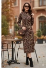 Kadın Uzun Kollu Balıkçı Yaka Leopar Desenli Midi Boy Elbise