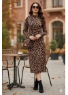 Kadın Uzun Kollu Balıkçı Yaka Leopar Desenli Midi Boy Elbise