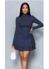 Kadın Uzun Kollu Balıkçı Yaka Mini Fırfırlı Sandy Elbise