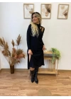Kadın Uzun Kollu Balıkçı Yaka Omuzda Damla Detaylı Yırtmaçlı Krep Midi Elbise