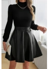 Kadın Uzun Kollu Balıkçı Yaka üst Kaşkorse Alt Deri Detaylı Mini Elbise