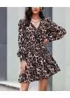Kadın Uzun Kollu Beli Lastikli Etek Ucu Volanlı Leopar Desen Krep Elbise