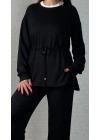 Kadın Uzun Kollu Bisiklet Yaka Belden Büzgülü Bağcıklı Viskon Iki Iplik Bluz Ve Pantolon Ikili Takım