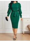 Kadın Uzun Kollu Bisiklet Yaka Beli Kuşaklı Ithal Krep Midi Elbise