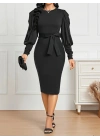 Kadın Uzun Kollu Bisiklet Yaka Beli Kuşaklı Ithal Krep Midi Elbise