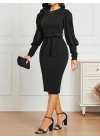 Kadın Uzun Kollu Bisiklet Yaka Beli Kuşaklı Ithal Krep Midi Elbise