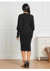 Kadın Uzun Kollu Bisiklet Yaka Beli Kuşaklı Ithal Krep Midi Elbise