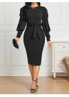 Kadın Uzun Kollu Bisiklet Yaka Beli Kuşaklı Ithal Krep Midi Elbise