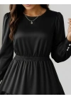 Kadın Uzun Kollu Bisiklet Yaka Beli Lastikli Fırfırlı Ithal Krep Elbise