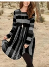 Kadın Uzun Kollu Bisiklet Yaka çizgili Desen Detaylı Süprem Mini Elbise