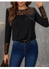 Kadın Uzun Kollu Bisiklet Yaka Dantel Detaylı Burgu Bluz