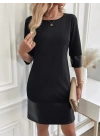 Kadın Uzun Kollu Bisiklet Yaka Deri Detaylı Ithal Krep Elbise