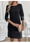 Kadın Uzun Kollu Bisiklet Yaka Deri Detaylı Ithal Krep Elbise