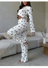 Kadın Uzun Kollu Bisiklet Yaka Desenli Burgu Bluz Ve Pijama Ikili Takım