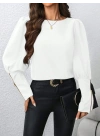Kadın Uzun Kollu Bisiklet Yaka Fermuar Detaylı Ithal Krep Bluz
