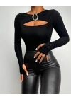 Kadın Uzun Kollu Bisiklet Yaka Göğüs Dekolteli Viskon Bluz