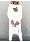 Kadın Uzun Kollu Bisiklet Yaka Kalp Desenli şardonlu üç Iplik Bluz Ve Pantolon Ikili Takım