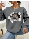 Kadın Uzun Kollu Bisiklet Yaka Kedi Desenli Viskon Iki Iplik Bluz
