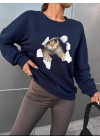Kadın Uzun Kollu Bisiklet Yaka Kedi Desenli Viskon Iki Iplik Bluz