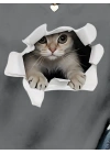 Kadın Uzun Kollu Bisiklet Yaka Kedi Desenli Viskon Iki Iplik Bluz