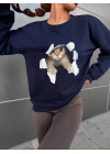 Kadın Uzun Kollu Bisiklet Yaka Kedi Desenli Viskon Iki Iplik Bluz