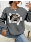 Kadın Uzun Kollu Bisiklet Yaka Kedi Desenli Viskon Iki Iplik Bluz