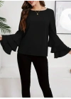Kadın Uzun Kollu Bisiklet Yaka Kollar İspanyol Volanlı Sandy Bluz